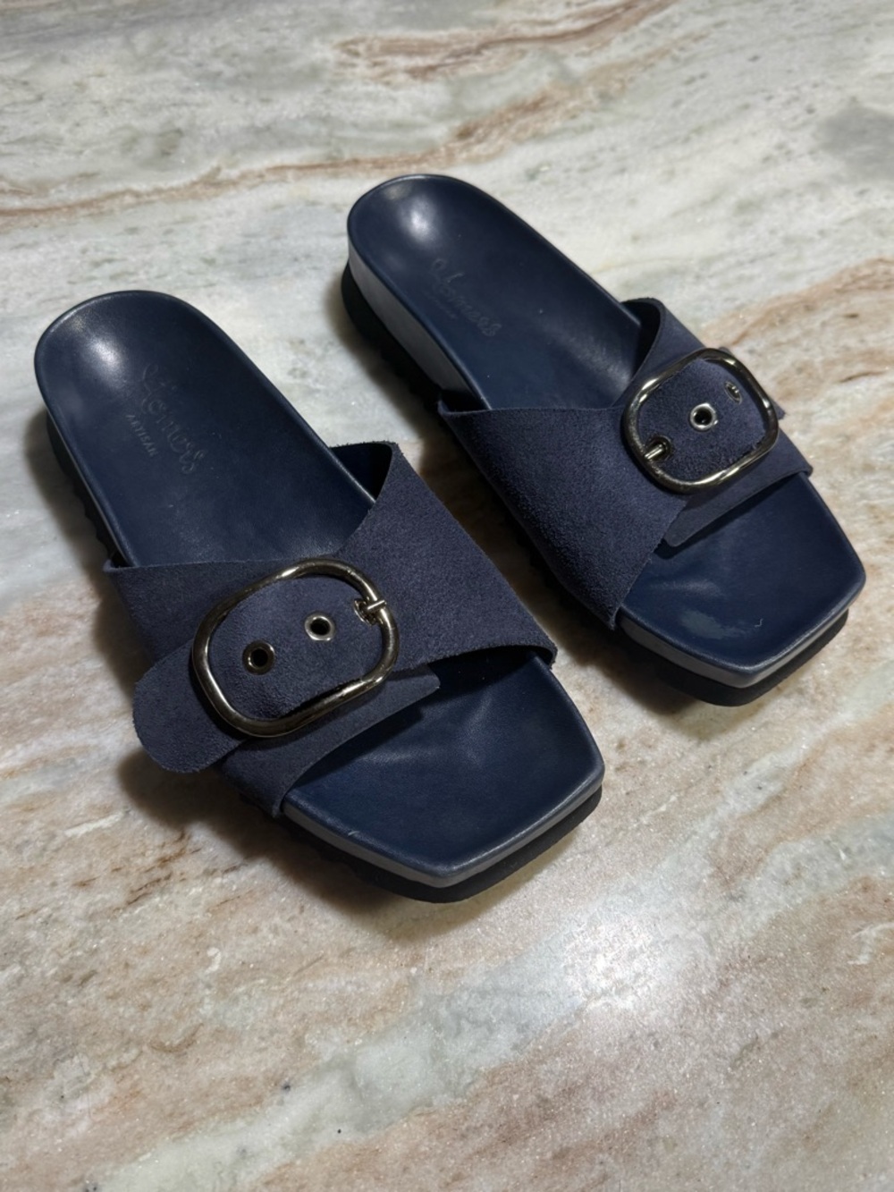 HOMERS ARTISAN Navy Buckle Slide Sandals